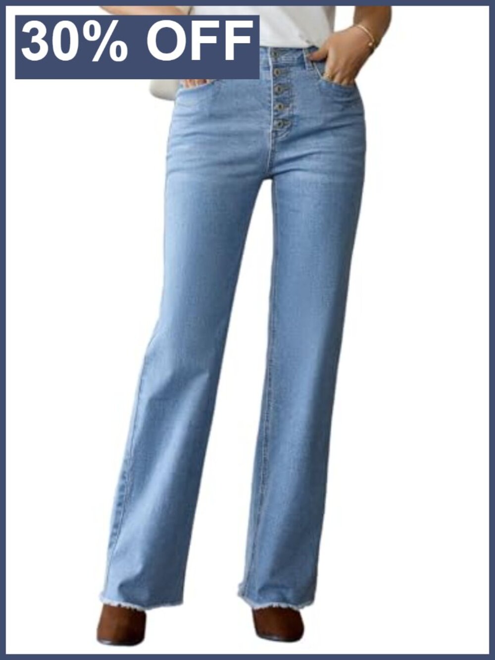Wide Leg High Waisted Straight Leg Stretchy Denim Pants Button Fly Raw Hem